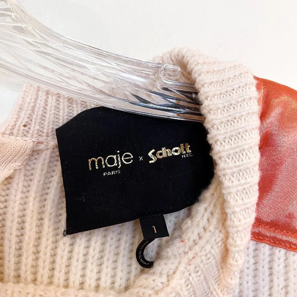 Maje x Schott Wool Blend Cream Satin Designer Cropped Pullover Cropped Sweater 1 - Picture 5 of 8